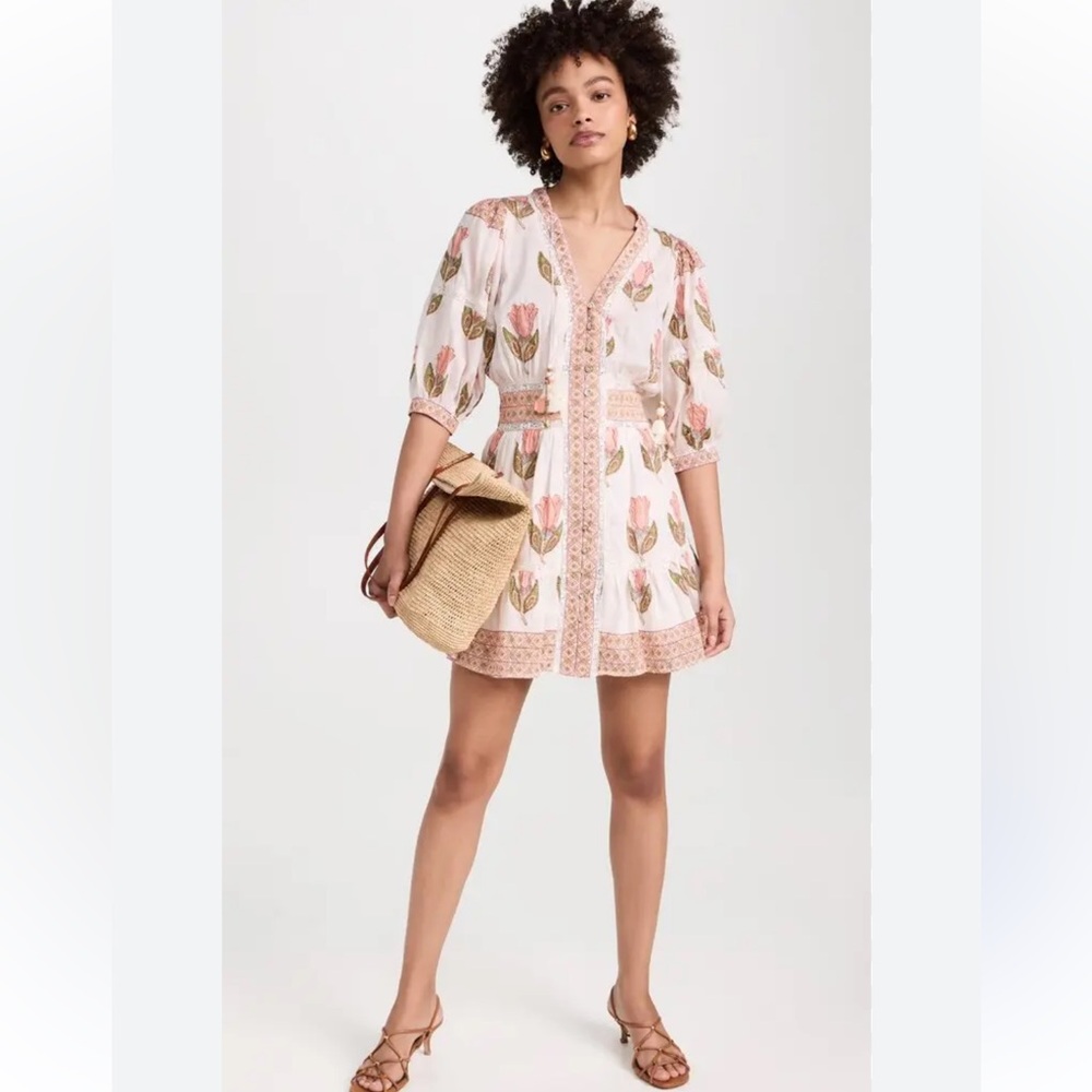 White Floral V-Neck Mini Dress with Pink Trim